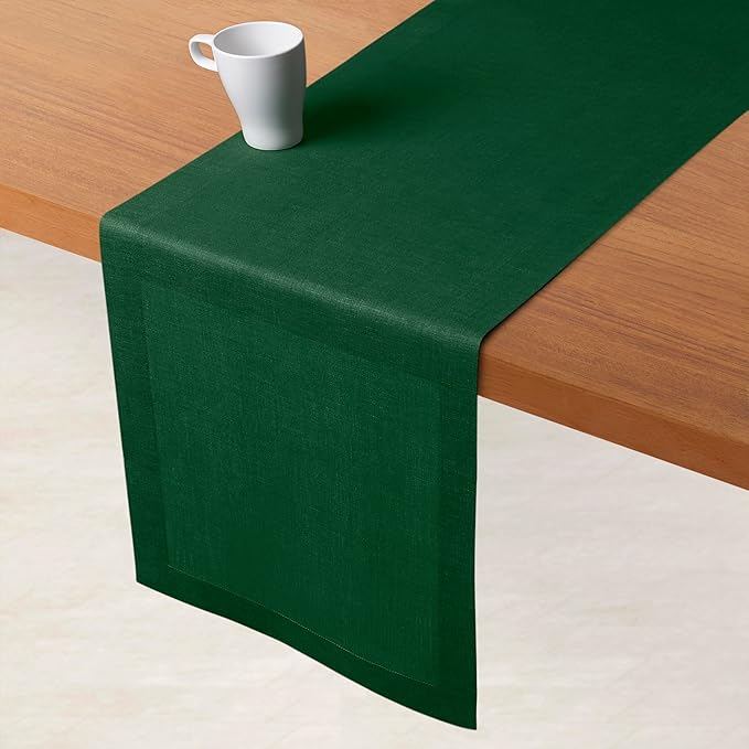 D'Moksha Homes Linen Forest Green Table Runner 132 Inches Long - 100% Pure Linen Extra Long Table Runner 14 x 132 Inch for Winter, Christmas, Holiday, New Year - Machine Washable