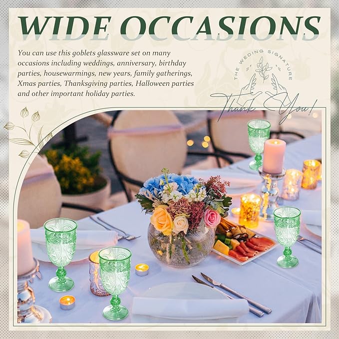 24 Pcs Plastic Goblets 7.5oz Vintage Goblet Plastic Wine Glasses Colored Retro Embossed Water Goblets for Wine Bar Juice Baby Shower Wedding Reception Grand Event Party (Green)