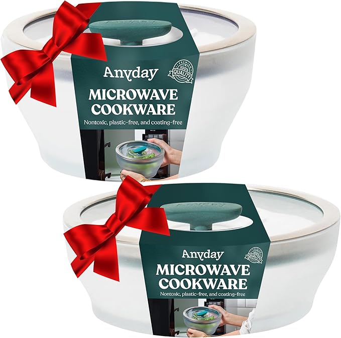 Anyday 4-Pc Microwave Cookware & Glass Food Storage Set with Glass Lids | Medium Plastic-Free Containers | Stackable Steamer with Vented Lid for Microwave-Safe Reheating & Steaming Vegetables, Rice