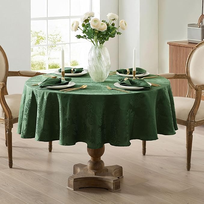 Newbridge Christmas Barcelona Damask Fabric Tablecloth, 70 Inch Round, Hunter Green – No Iron, Soil Resistant Table Cover for Dining, Parties and Holidays