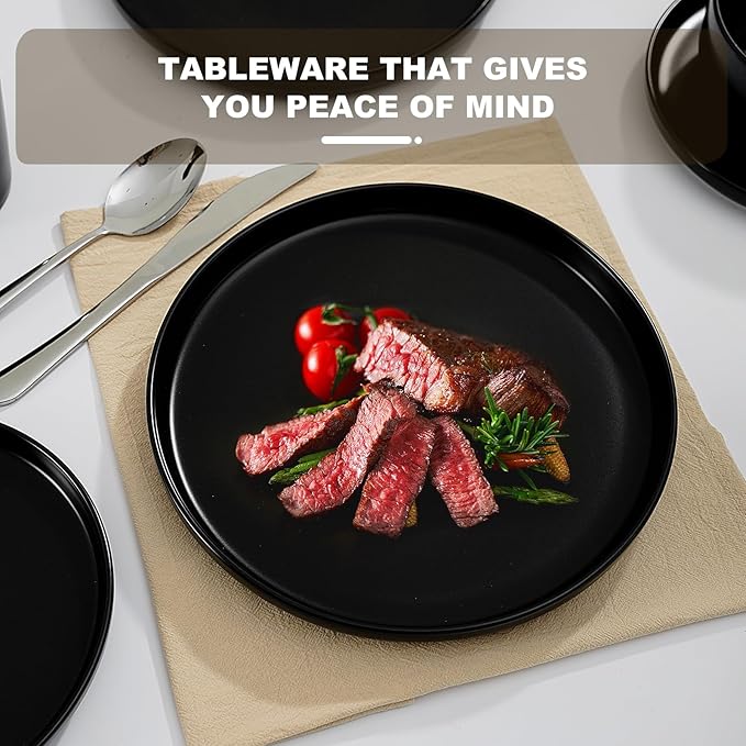 EWFEN 32-Piece Ceramic Dinnerware Sets with Mugs for 8, Black Plates and Bowls Set with Classic Design, Scratch Resistant Dishes Set, Dishwasher & Microwave Safe