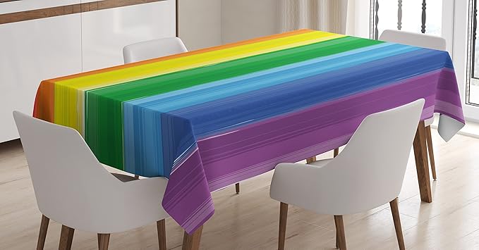Ambesonne Rainbow Tablecloth, Brush Marked Rainbow Colored Lines in a Modern Artwork Flag Pattern Pride Theme, Rectangular Table Cover for Dining Room Kitchen Decor, 52" X 70", Red Yellow