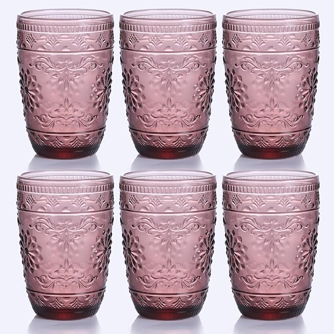 6Pcs 14OZ Drinking Glasses, Purple Drinking Glasses, Colored Glassware Drinking, Highball Beverage Glasses Cup, Vintage Glassware Set for Water, Juice, Cocktail, Coffee