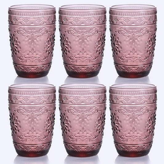 6Pcs 14OZ Drinking Glasses, Purple Drinking Glasses, Colored Glassware Drinking, Highball Beverage Glasses Cup, Vintage Glassware Set for Water, Juice, Cocktail, Coffee