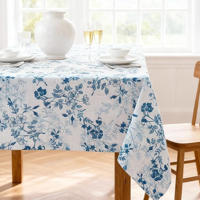 H.VERSAILTEX Linen Table Cloths Floral Printed Tablecloth Spill-Proof Waterproof Table Cover for Dining Buffet Feature Soft and Thick Fabric Wrinkle Free, 60 x 104 Inch, Retro Floral - Stone Blue