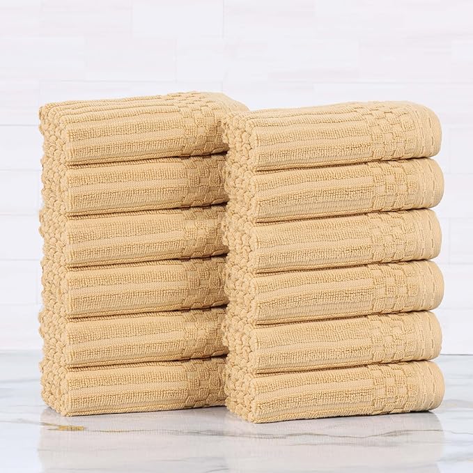 Superior Cotton Face Towel/Washcloth Set of 12, Daily Use for Bathroom, Guest Bath, Quick Dry Small Towels, Face, Hand, Gym, Spa, Hotel, Absorbent, Essentials, Ribbed, Soho Collection, Gold