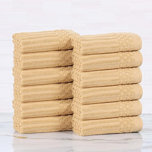 Superior Cotton Face Towel/Washcloth Set of 12, Daily Use for Bathroom, Guest Bath, Quick Dry Small Towels, Face, Hand, Gym, Spa, Hotel, Absorbent, Essentials, Ribbed, Soho Collection, Gold