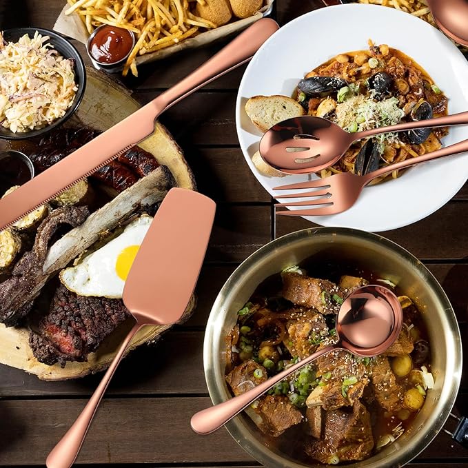 Copper Utensils Serving Set Rose Gold Stainless Steel Flatware Cake Knife Sever Fork Large Spoon Spatula Catering Silverware Complete 7 Pieces for Home Party Buffet