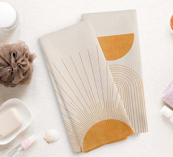 Beige Orange Abstract Sunrise Kitchen Towels and Dishcloths Set of 2, Bohemian Sun Decorative Towels, Orange Moon Drying Cloth Hand Towels for Bohemian Bathroom Kitchen Decor, 16×24 Inches