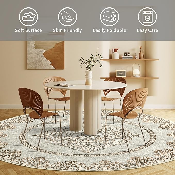 Easy-Going Round Rug 5ft Area Rug Washable Boho Neutral Circle Rugs for Living Room Non-Slip Bedroom Rug Low Pile Lightweight Floral Brown Print Vintage Throw Rug for Dining Room Kitchen Home Office