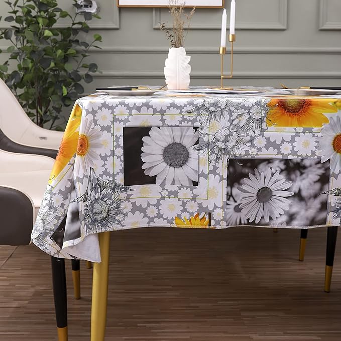 Heavy Duty Vinyl Tablecloth with Flannel Backing Waterproof Oil-Proof Plastic Table Cloth Stain-Resistant Wipeable Rectangle or Square Table Cover for Indoor and Outdoor ( Sunflower, 60X102 Inch)
