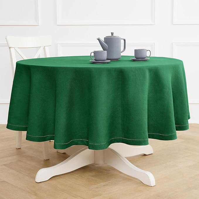 Solino Home Linen Round Tablecloth 70 Inch - 100% Pure Linen Green Round Tablecloth - Machine Washable Table Cloth for Christmas, New Year - Sonoma Hemstitch