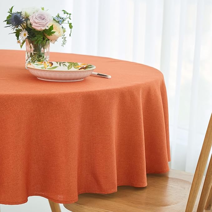 maxmill Round Linen Textured Fall Tablecloth Spill-Proof Wrinkle Free Table Cloth for Circular Table Cover, Halloween Tablecloths, Dining Room Harvest Thanksgiving Pary Holiday Dinner, 70 Inch, Rust
