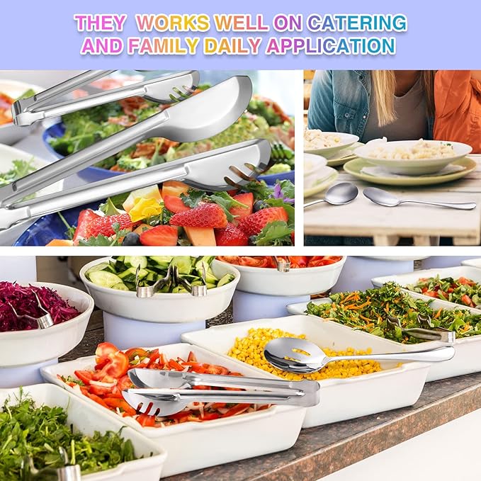 Patelai 15 Pieces Christmas Stainless Steel Silver Serving Utensils Set 8.7" Large Spoons and Slotted Spoon 9.45" Tong 9" Forks Flatware Wedding Party Buffet Banquet Cooking Kitchen Catering