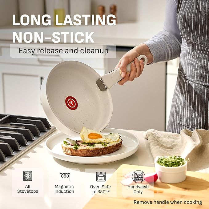 T-fal Ingenio Essentials Cookware Set with Detachable/Removable Handle 11 Piece, Granite Titanium Non Stick, Induction, Oven Broiler Safe 500F, Stackable, Pots and Pans Set, RV Camping, Fry Pans Beige