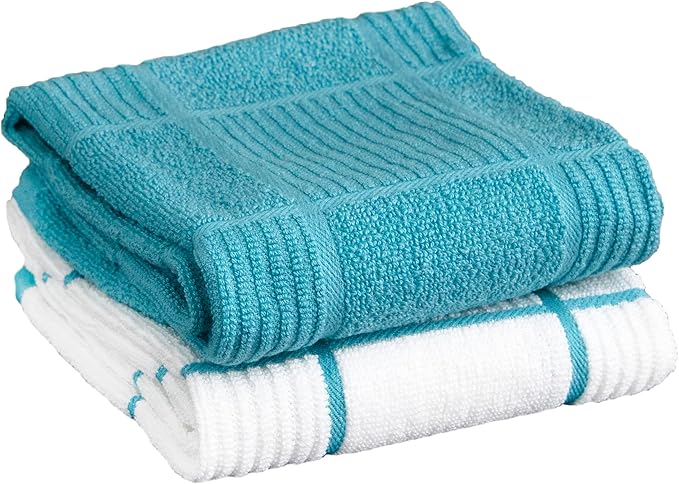 T-fal Solid & Checked Parquet Kitchen Towels: Highly Absorbent, Super Soft Long Lasting - 100% Cotton, 16"x26" Dish Towels for Cleaning & Drying Dishes, Pans, Glassware, or Countertops, 2-Pack, Breeze