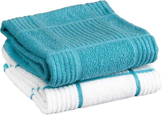 T-fal Solid & Checked Parquet Kitchen Towels: Highly Absorbent, Super Soft Long Lasting - 100% Cotton, 16"x26" Dish Towels for Cleaning & Drying Dishes, Pans, Glassware, or Countertops, 2-Pack, Breeze