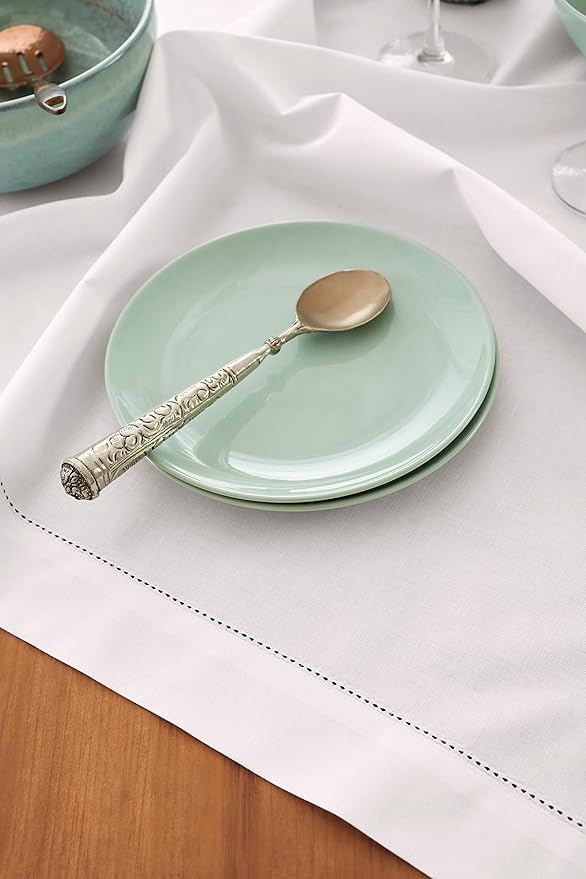 Solino Home White Tablecloth 52 x 52 Inch - Cotton Linen Hemstitch Square Tablecloth - Machine Washable Table Throw for Winter, Valentines, Holiday, New Year