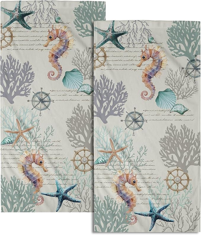 Imiss Nautical Blue Coral Hand Towels Set of 2 Vintage Seashell Starfish Compass Decorative Bath Towels Soft Small Fingertip Face Towel for Home Bathroom Hotel