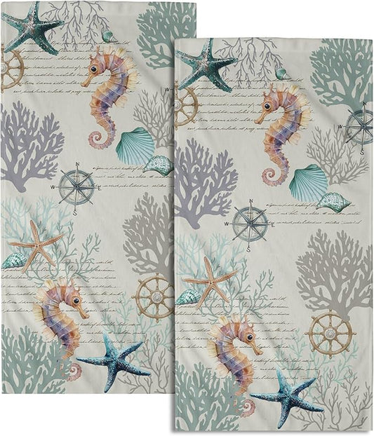 Imiss Nautical Blue Coral Hand Towels Set of 2 Vintage Seashell Starfish Compass Decorative Bath Towels Soft Small Fingertip Face Towel for Home Bathroom Hotel