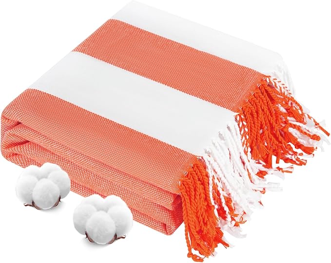 Oversized Cotton Turkish Beach Towels 74"x38" Thin Quick Dry Sand Free Pool Swim Bathing Towel Extra Large Blanket Adult Travel Essentials Accessories Must Haves Summer Vacation Orange-red Striped