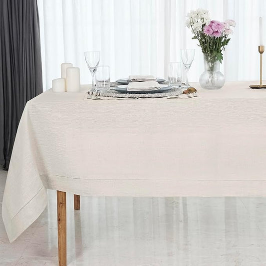 D'Moksha Homes Light Natural Linen Tablecloth for Rectangle Tables 60 x 84 Inch - Classic Hemstitch 100% Pure Linen Natural Table Cloth - Machine Washable Dining Tablecloth for Christmas, Holiday