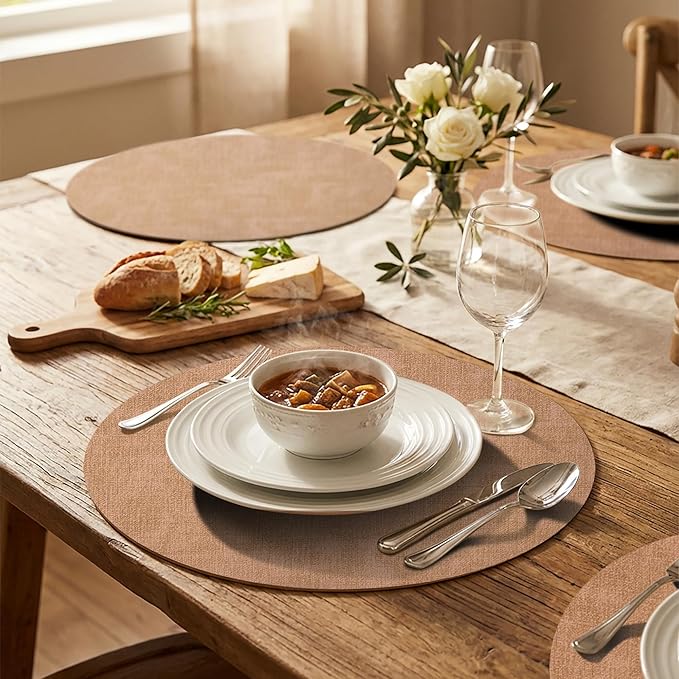 15 inch Faux Leather Round Placemats Set of 4 Non-Slip Washable Wipeable Table Mats, Heat Resistant Waterproof Oilproof Brown Place Mats for Kitchen, Dining, Party, Indoor, Outdoor