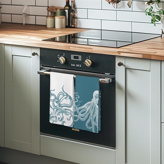 Aqua Teal Coastal Octopus Decor Dish Hand Tea Towels for Bathroom Kitchen, Octopus Ocean Nautical Beachy Bathroom Decor, Coastal Nautical Kitchen Towels and Dishcloths Sets of 2, 16x24 Inch