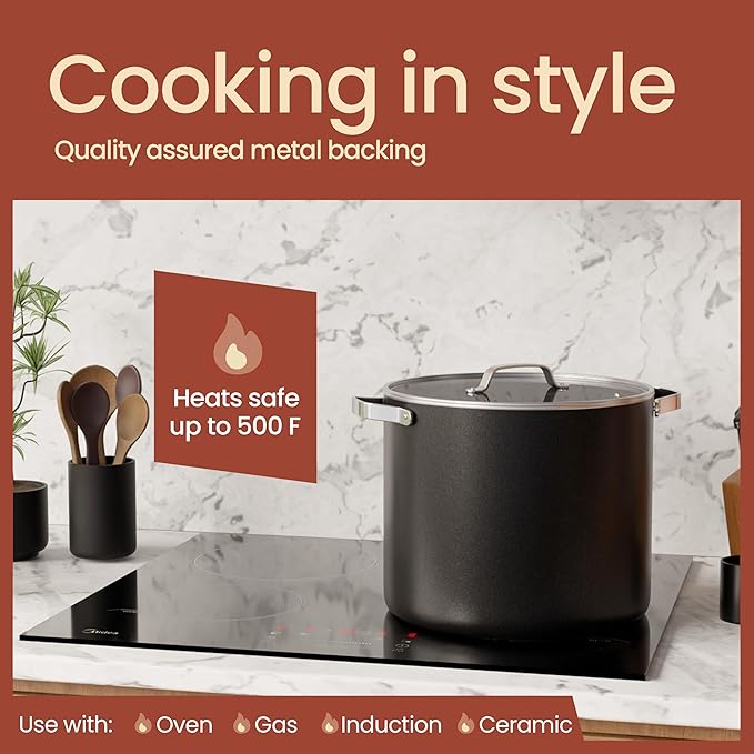 Bakken 16 Quart Ceramic Coated Stock Pot with Lid, Easy Clean Nonstick Pot, Tempered Glass Lid, Riveted Stainless Steel Handles, Oven Safe Up To 500°F, PTFE & PFAS Free, All Stove Compatible, Black