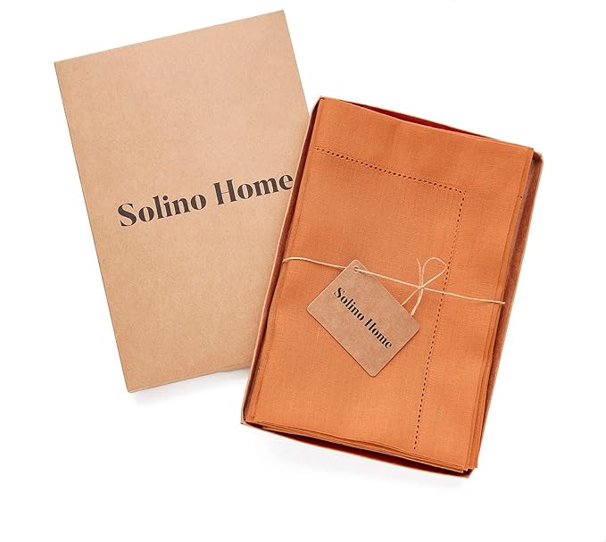 Solino Home Linen Napkins Set of 4 - Classic Hemstitch 100% Pure Linen Pumpkin Dinner Napkins Cloth 20 x 20 Inch for Holiday - Handcrafted and Machine Washable