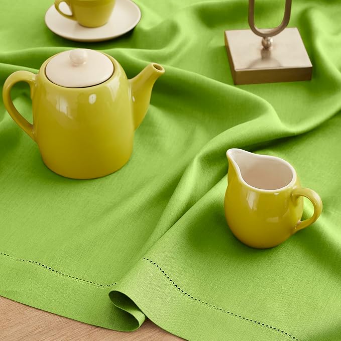 Solino Home Linen Table Runner 120 Inches Long - 100% Pure Linen Lime Green Table Runner 14 x 120 Inch - Classic Hemstitch