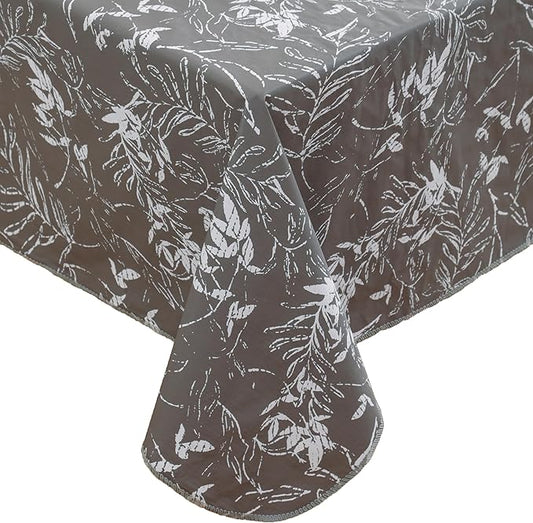 Walrus Heavy Duty Vinyl Tablecloth with Flannel Backing Waterproof Oil-Proof Plastic Table Cloth Stain-Resistant Wipeable Rectangle or Square Table Cover for Indoor and Outdoor (Grey Leaf,52x70 Inch)