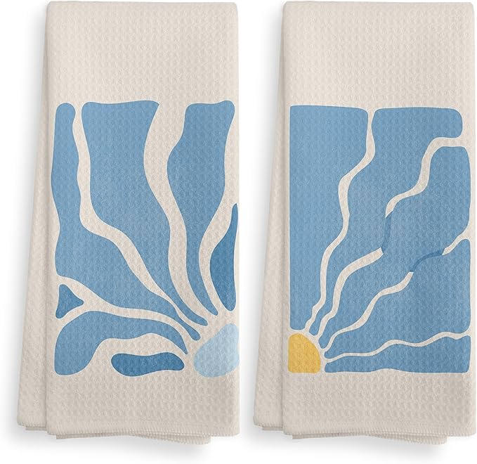 Beige Bohemian Flower Kitchen Towels and Dishcloths Set of 2, Abstract Flower Decorative Hand Towels, Blue Dorm Decor, Blue Botanical Drying Cloth Towels for Preppy Bathroom, 1624 Inches