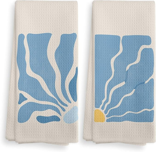 Beige Bohemian Flower Kitchen Towels and Dishcloths Set of 2, Abstract Flower Decorative Hand Towels, Blue Dorm Decor, Blue Botanical Drying Cloth Towels for Preppy Bathroom, 1624 Inches