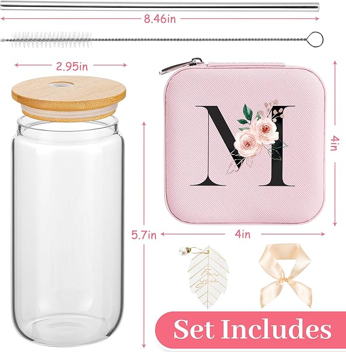 AYGXU Initial Glass Cups with Lids and Straws, Jewelry Case for Women, Jewelry Box Organizer, Coffee Cups, Travel Gifts for Women Essentials, Initial M Pink