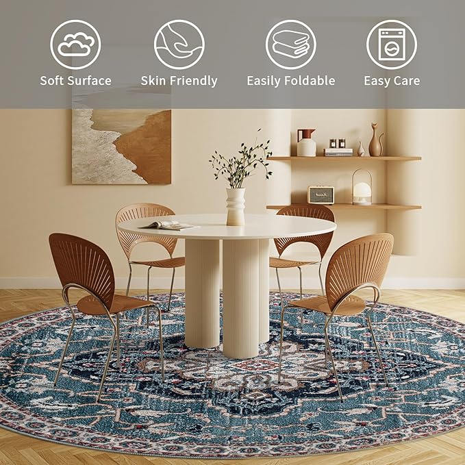 Easy-Going Round Rug 5ft Area Rug Medallion Distressed Washable Circle Rugs for Living Room Non-Slip Bedroom Rug Low Pile Lightweight Vintage Retro Throw Rug for Dining Room Kitchen Office, Teal Brick
