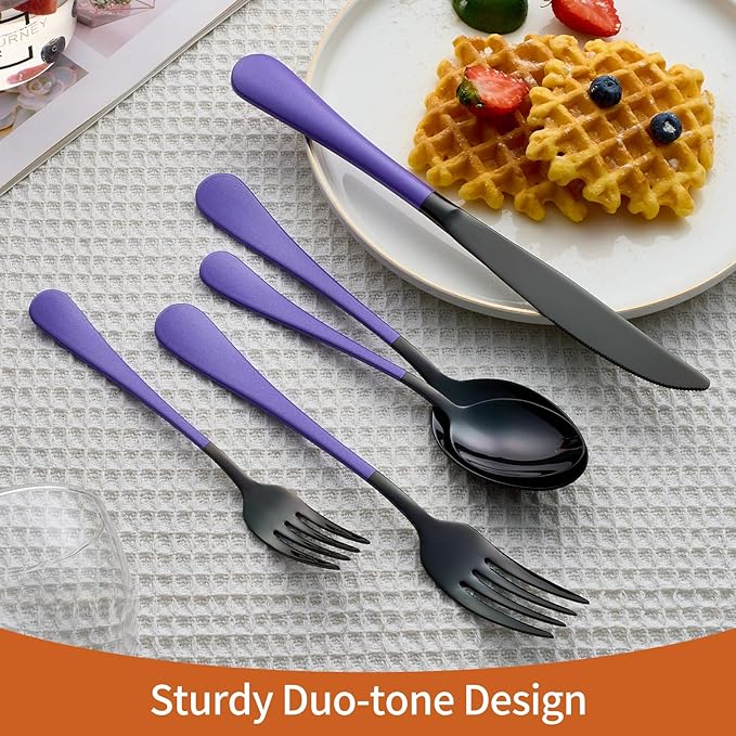 20 Piece Black and Purple 18/0 Flatware Utensil Set for 4, Include Dinner Knife,Dinner Forks,Dinner Spoons,Salad Forks,Teaspoons,Silverware Set for 4, Dishwasher Safe