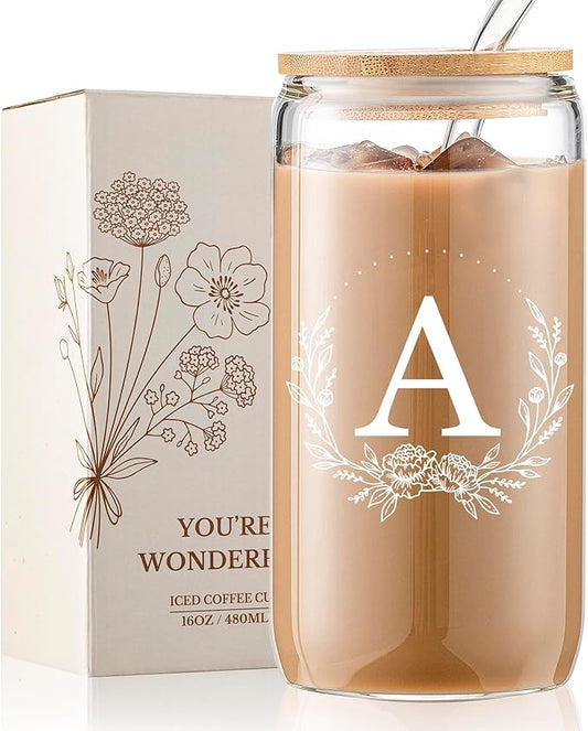 Personalized Gifts for Women, Monogrammed 16oz Glass Cups with Bamboo Lids and Straws, Customized Glass Tumbler, Cute Custom Mug, Customizable Initial Iced Coffee Glasses, Birthday Bridesmaid Mom, A