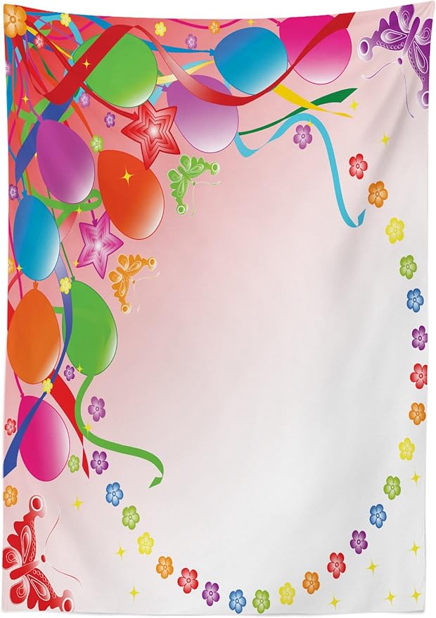 Ambesonne Celebration Tablecloth, Party Balloons with Bunch of Ornaments Ribbon Butterfly Flowers Birthday Image, Rectangular Table Cover for Dining Room Kitchen Decor, 60" X 90", Coral Green