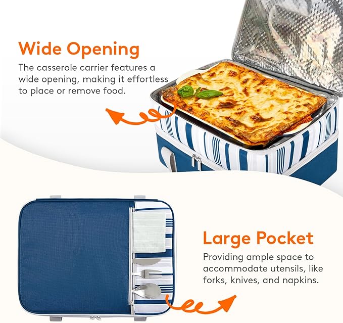 Lifewit Double Decker Insulated Casserole Carrier for Hot or Cold Food, Casserole Dish Carrying Case, Lasagna Holder for Potluck Parties Picnic Cookouts, Fits 9"x13" Baking Dish, Blue