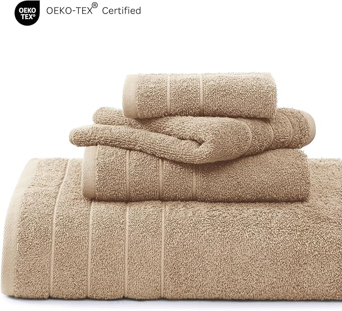Casa Platino 100% Mercerized Cotton Bathroom Towel Set - 18 Pcs - Ring Spun, Super Soft & Highly Absorbent - 6 Large Bath Towels, 6 Washcloths, 6 Hand Towels - Wide Variety of Colours - Beige