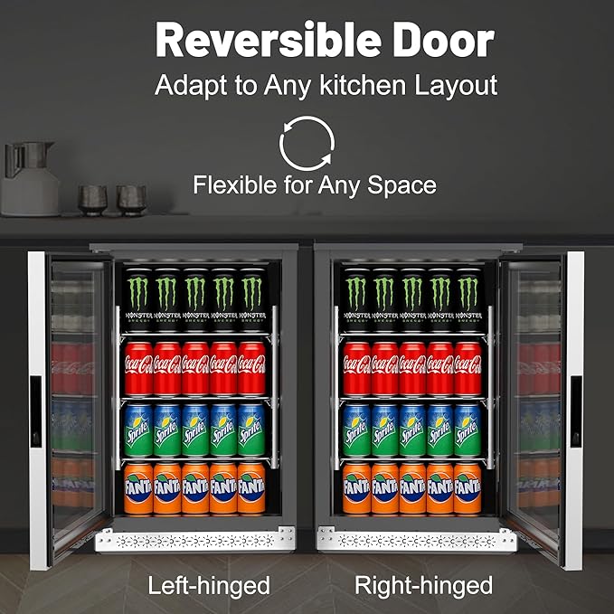 20 Inch Under Counter Beverage Fridge with Glass Door, Beverage Refrigerator Cooler 120 Can,Built in or Freestanding,Fast Cooling,Quiet ≤39 dBs,Blue LED Light Cooler for Bar, Home, Office