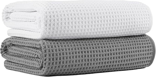 New Microfiber Waffle Bath Towels, 2 Pieces, Oversized, Soft, Absorbent, Fast Drying, Lint Free (Gray+White)