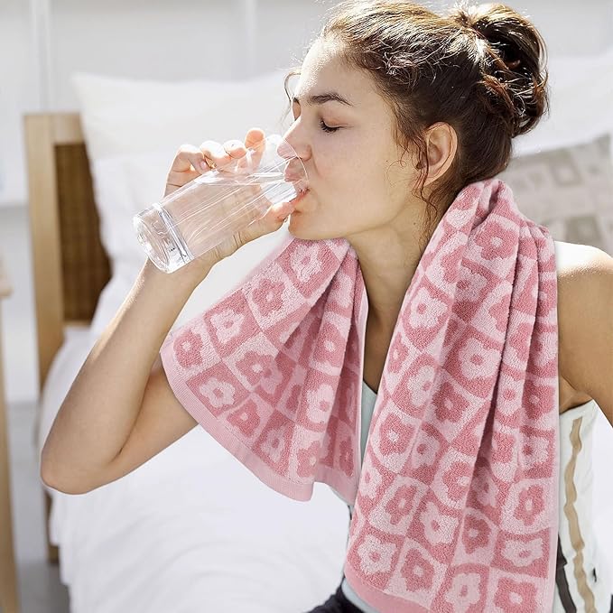 Jacquotha Cotton Hand Towels Pink Checkered Floral - Quick Drying Hand Towel Set of 4, for Women Girls Bathroom Decor, 29” x 13”