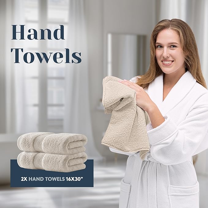 White Classic Luxury Bath Towel Set of 8 Pieces - 100% Turkish Cotton Highly Absorbent Towels for Bathroom, 2 Luxury Bath Towels 700GSM, 2 Hand Towels, 4 Washcloths, Ivory