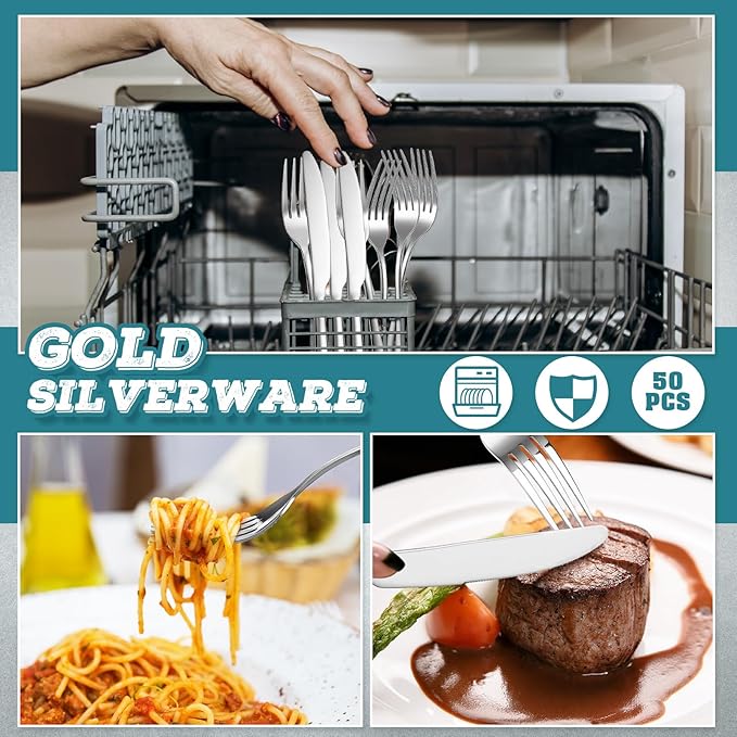 Nuenen 100 Pieces Stainless Steel forks and knives Dinner Flatware Set Tableware Cutlery for Butter Kitchen Restaurant, Dishwasher Safe(Silver,9.06 Inches, 8.07 Inches)