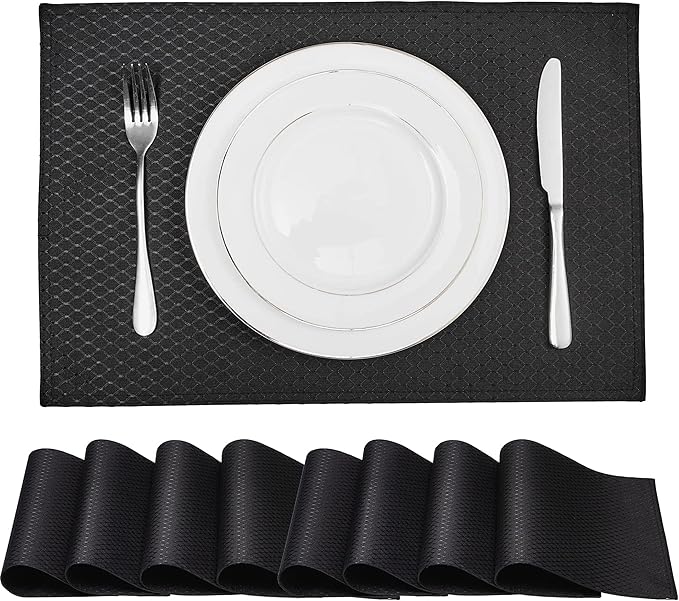 Place Mats Set of 8 – Rectangle Rectangular Waterproof Fabric Polyester Cloth Washable Wipeable Heat Resistant Placemats for Kitchen Dining Dinner Table Indoor 13 x 19 Inch Black