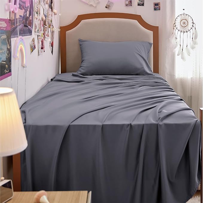 Bedsure Twin XL Sheet Set Dorm Bedding, Cooling Sheets Twin Extra Long Sheets, Rayon Derived from Bamboo, Deep Pocket Up to 16", Hotel Luxury Silky Bedding Sheets & Pillowcases, Dark Grey