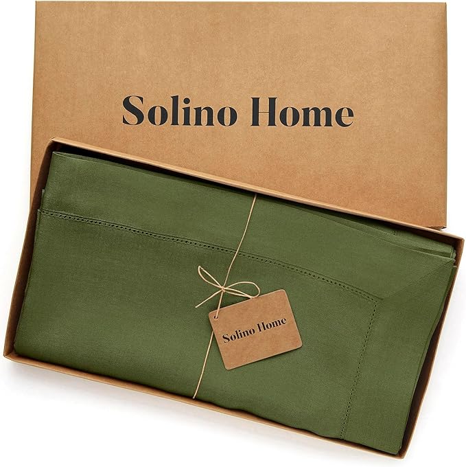Solino Home Linen Tablecloth 52 x 52 Inch - 100% Pure Linen Olive Square Tablecloth - Classic Hemstitch, Machine Washable Table Throw for New Year