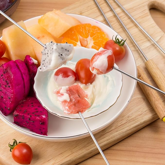12PCS 9.5 Inch Color-Coded Wood Fondue Forks, Stainless Steel Fruit Fondue With Heat-Blocking Handle for Chocolate Fountain and Cheese